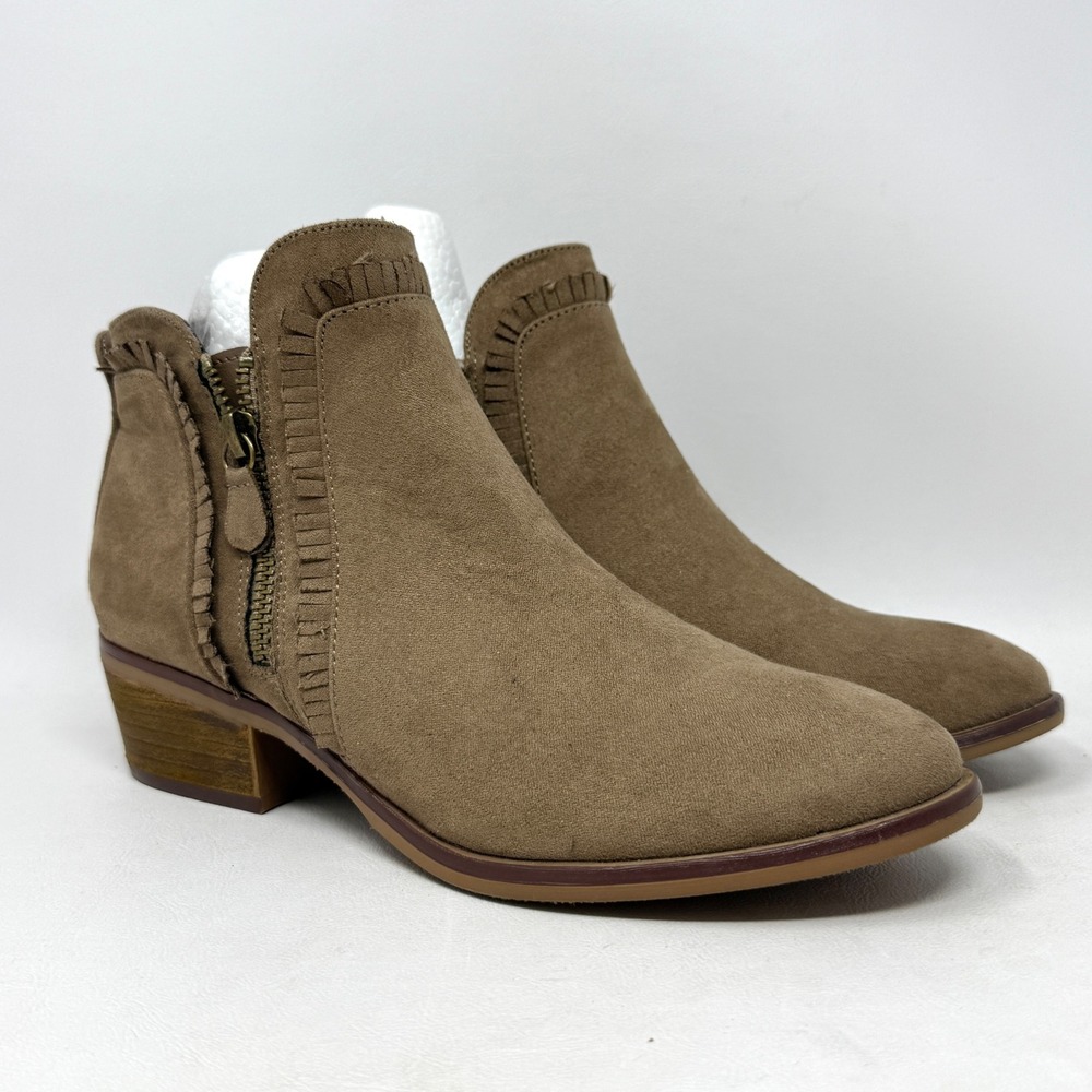 MIA‎ Mable Taupe Brown Fringed Ankle Boots GG2130SF Womens 7M Low Block Heel